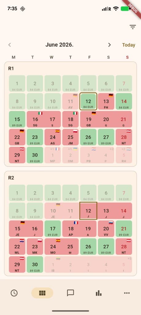 Kalendar po sobama — cijene i gosti